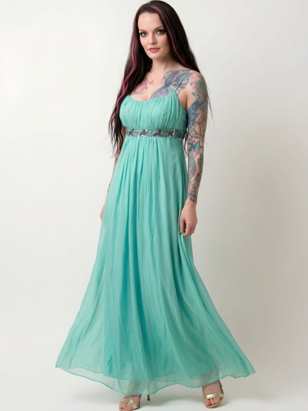 Maria Bianca Nero ✦ Maxi Dress ✦ Green Silk Beaded Empire Waist Spaghetti Strap